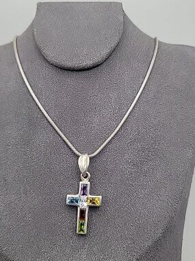Sterling Silver CW Mosiac Crystal Pendant Necklace 18" 925 ITALY Snake Chain